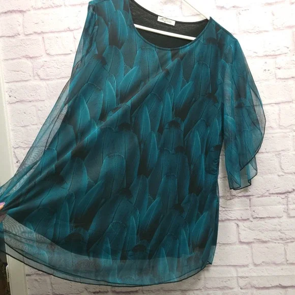 Sese Code Teal Feather Sheer Mesh Tunic Blouse Sz XL Flowy Flutter Boho Mature - Picture 5 of 8